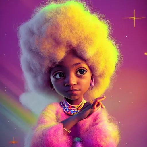 Image similar to a cute little african egyptian princess with a colorful afro, bright colors, synthwave, watercolor, volumetric wool felting, felt, macro photography, children illustration, global illumination, radiant light, detailed and intricate environment, by goro fujita