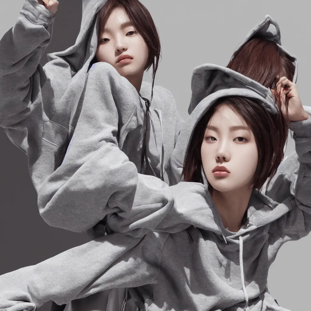 Image similar to Korean fashion model sitting down wearing hoodie with built-in backpack designed by Hamcus, closeup, extremely detailed, epic, 3D render, digital art, artstation, 8K artistic photography, photo-realistic