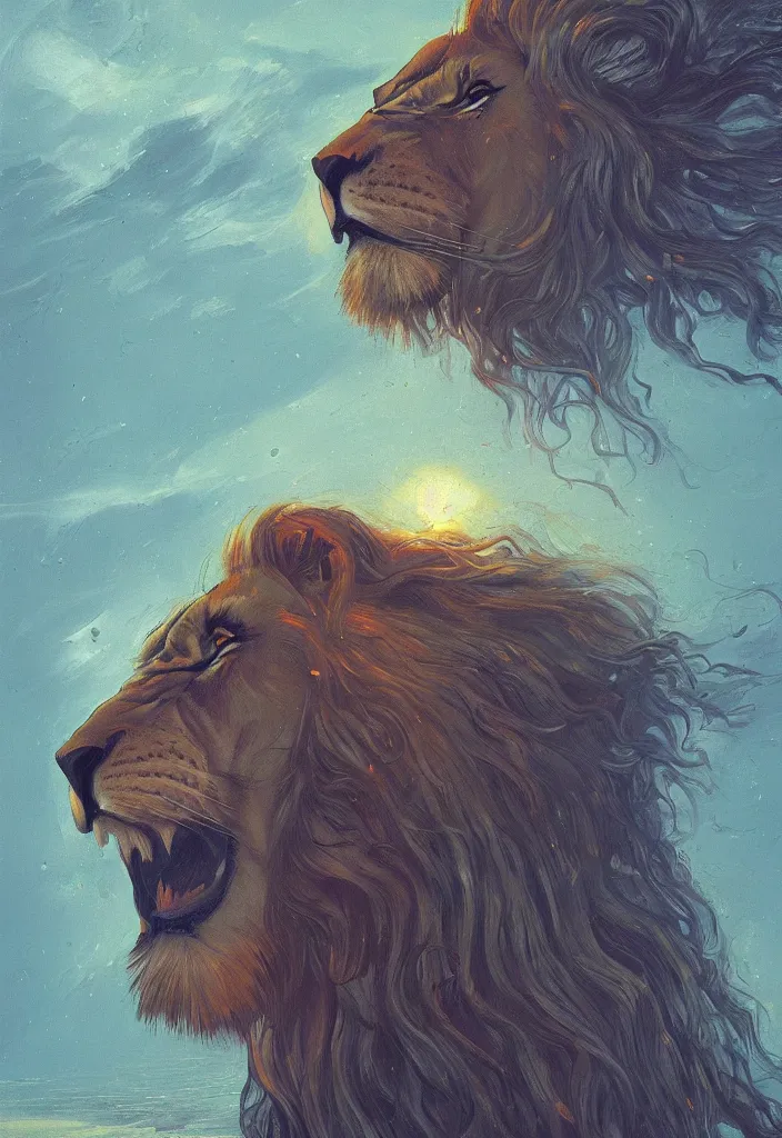 Image similar to a portrait of a lion with a flowing mane looking directly at the camera by simon stalenhag and umberto boccioni dark, magical, fantasy, trending on artstation, digital art.