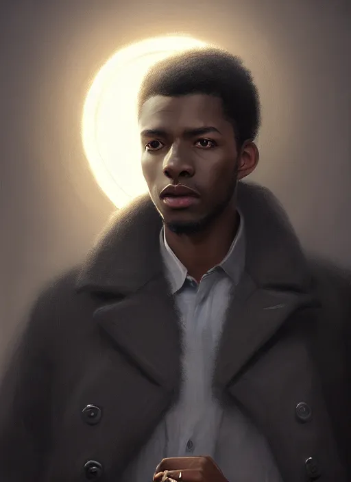 Image similar to portrait of handsome black man wearing grey peacoat, baroque lightbulb idea, middle aged and fit, elegant atmosphere, glowing lights, highly detailed, digital painting, artstation, concept art, smooth, sharp focus, illustration, art by wlop, mars ravelo and greg rutkowski