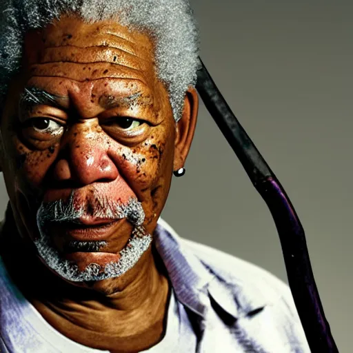 Prompt: Morgan Freeman as Gordon Freeman wielding a crowbar and fighting