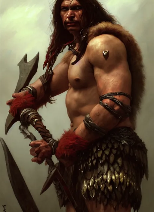 Image similar to barbarian, full body, savage, realistic, dnd character art portrait, dark fantasy art, matte fantasy painting, deviantart artstation, by jason felix by steve argyle by tyler jacobson by edgar maxence and caravaggio and michael whelan and delacroix