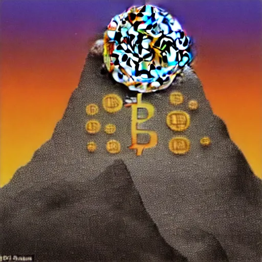 Image similar to a mountain made out of computer screens that display bitcoin logos, cinematic, post - apocalyptic landscape, harsh contrast lighting, in the style of surrealism, made by salvador dali