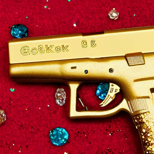 Image similar to a medium shot photograph of a gold glock 18 encrusted with gemstones against a smooth red silk background