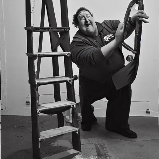 Prompt: johnny vegas making a very large teapot, sitting on a ladder, art school, studio, photorealistic