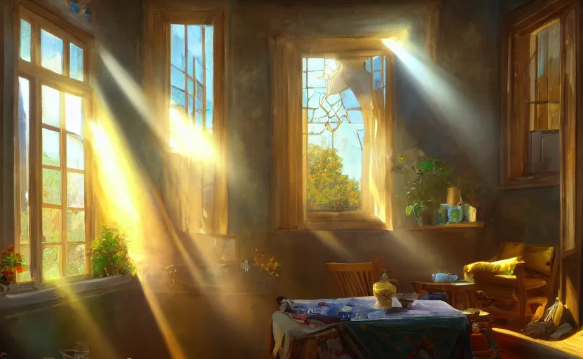 Image similar to rays of the morning sun shining through the window of the village house. very beautiful, clear sky, warm shiny colors, oil painting, high detail, trending on artstation