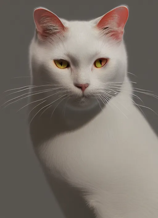 Image similar to a portrait of a white cat with orange spots, 8k photorealistic, cinematic lighting, HD, high details, dramatic, trending on artstation, view from a distance