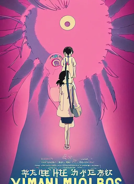 Image similar to a movie poster for a studio Ghibli film based on the song Yoshimi battles the pink robots, part 1. by the band the flaming lips; artwork by Hiyao Miyazaki and studio Ghibli; a Japanese girl is about to fight a gigantic Pink Robot in an alley in Tokyo