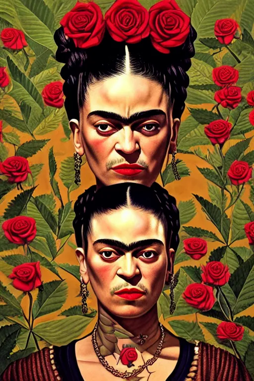 Image similar to rap album cover featuring frida kahlo wearing gangster thug outfit, staring directly into camera, intricate, elegant, dramatic lighting, highly detailed, digital painting, artstation, sharp focus, illustration, art by wlop, mars ravelo and greg rutkowski, roses replaced by weed buds, album cover, parental advisory