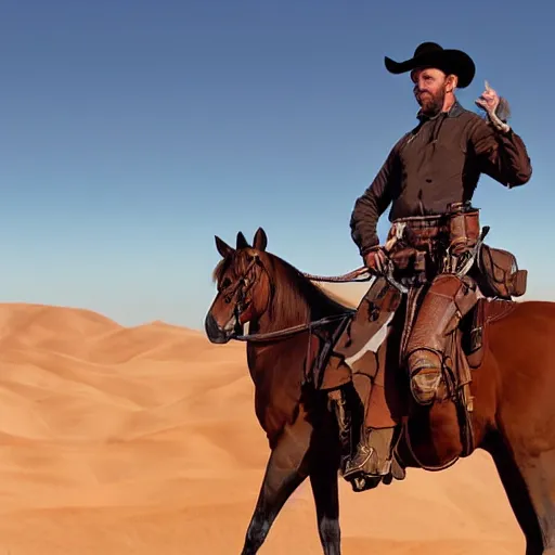 Image similar to gunslinger on a horse overlooking the desert, by Bruce Trimm and Eric Radomski