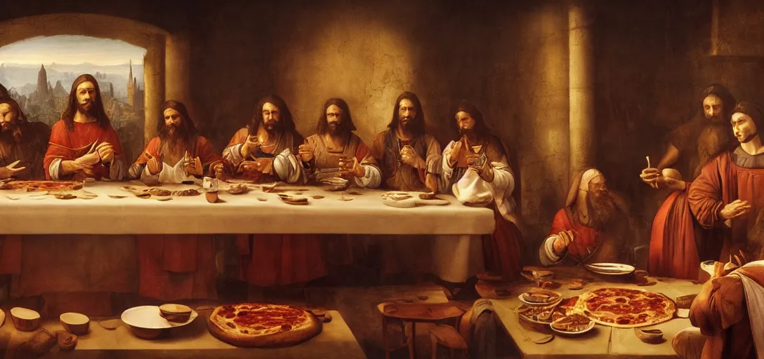 Image similar to last pizza supper, leonardo da pizza vinci, with a jesus chef inventing pizza, pizza, pizza, pizza, fog, magic, 8k, james gurney, greg rutkowski, john howe, artstation and pizza