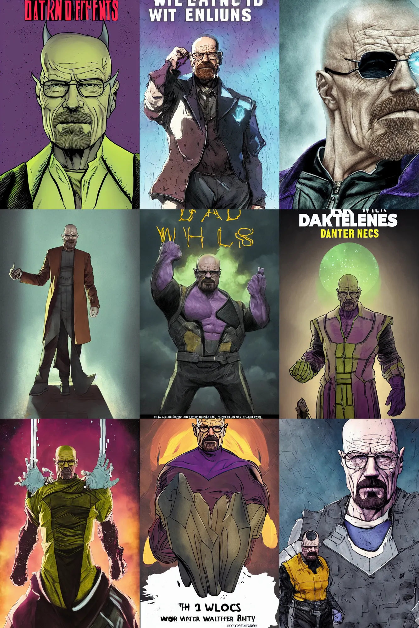 Prompt: concept Walter White as Thanos, book cover, dark fantasy