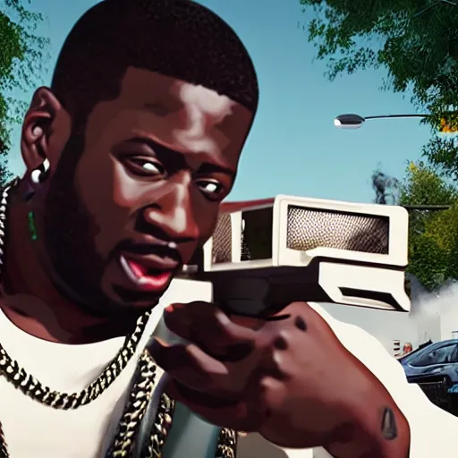 Image similar to angry gucci mane shooting and terrorizing people in the hood, 8k resolution, full HD, cinematic lighting, award winning, anatomically correct