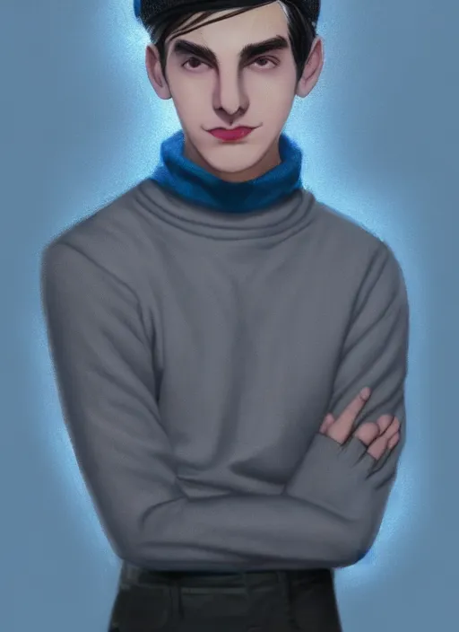 Image similar to portrait of teenage jughead jones wearing a light grey crown, crown, blue turtleneck, 1 9 5 0 s, closed eyes, photorealistic, black hair, glowing lighting, intricate, elegant, glowing lights, highly detailed, digital painting, artstation, concept art, smooth, sharp focus, illustration, art by wlop, mars ravelo and greg rutkowski