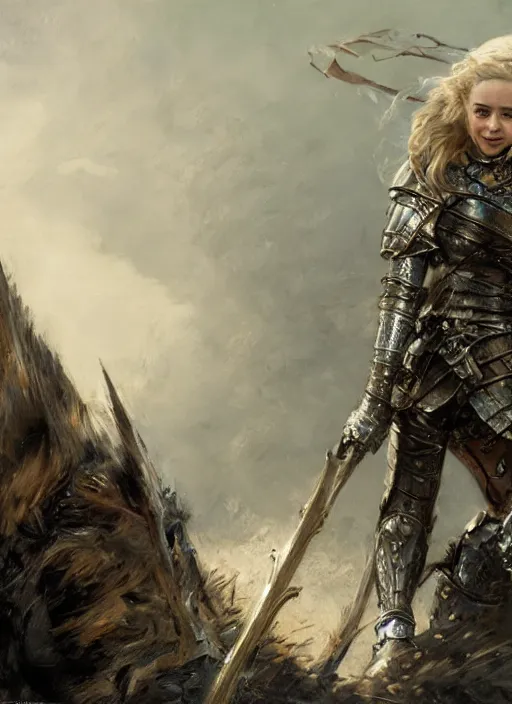 Image similar to short muscular blonde woman wearing realistic medieval armour, emilia clarke, detailed by gaston bussiere, bayard wu, greg rutkowski, giger, maxim verehin, greg rutkowski, masterpiece, sharp focus, cinematic lightning