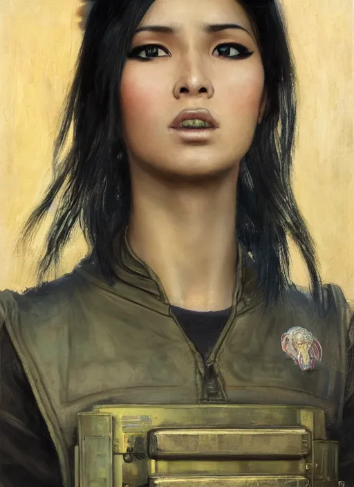 Image similar to Makate. dangerous beautiful cyberpunk female Asian USN marine wearing a military vest and military jumpsuit (cyberpunk 2077, bladerunner 2049). gorgeous face. Iranian orientalist portrait by john william waterhouse and Edwin Longsden Long and Theodore Ralli and Nasreddine Dinet, oil on canvas. Cinematic, hyper realism, realistic proportions, dramatic lighting, high detail 4k