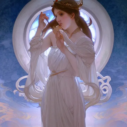 Image similar to beautiful ghost girl floating in a chapel, intricate, art by artgerm and greg rutkowski and alphonse mucha and william - adolphe bouguereau, high detailed, 4 k,