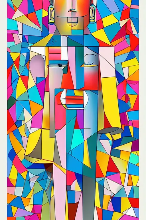 Image similar to abstract cubist moai statue geometric cutout digital illustration cartoon colorful beeple