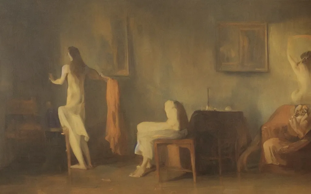 Image similar to a painting of nightmare in a room, by vilhelms purvitis, oil on canvas