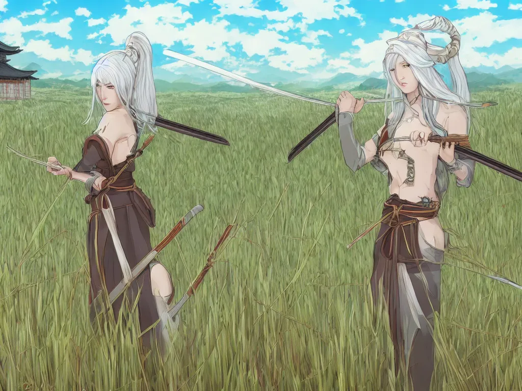 Prompt: an elven samurai women with white hair, standing in front of a field of wheat and a small house in the japanese countryside. anime artstyle from artstation trending.