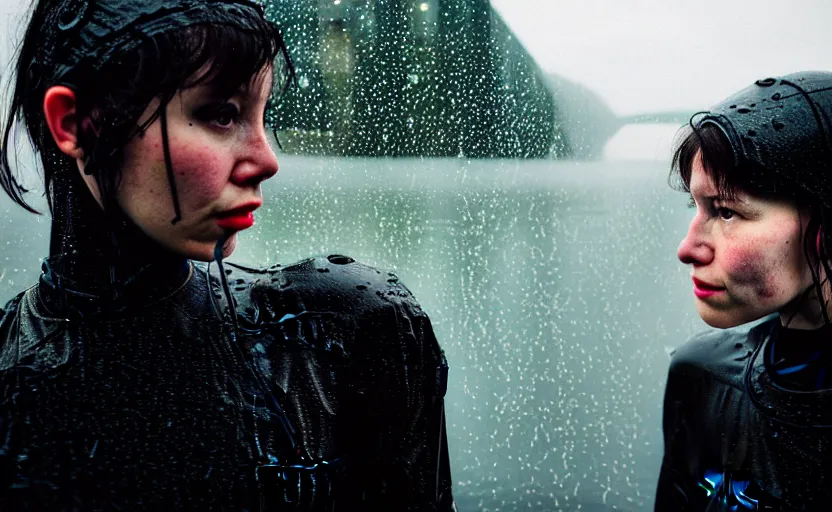 Image similar to cinestill 5 0 d candid photographic portrait by helen levitt of two loving female androids wearing rugged black mesh techwear in treacherous waters, extreme closeup, modern cyberpunk moody emotional cinematic, pouring rain, 8 k, hd, high resolution, 3 5 mm, f / 3 2, ultra realistic faces, ex machina