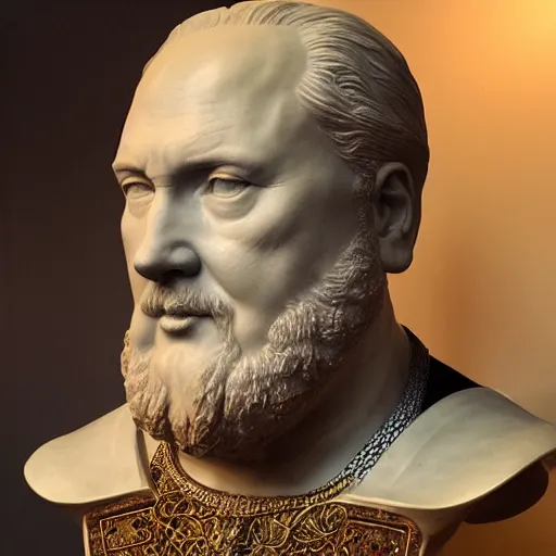 Image similar to beautiful lifelike award winning marble statue bust of henry viii trending on art station artgerm greg rutkowski alphonse mucha museum quality cinematic atmospheric