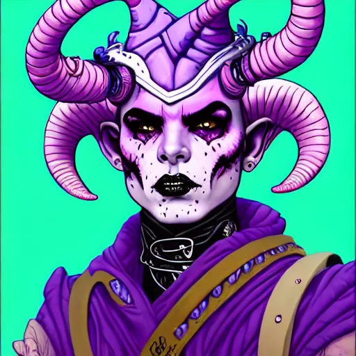 Image similar to portrait painting of a punk tiefling bard with ram horns and purple skin, sharp focus, award - winning, trending on artstation, masterpiece, highly detailed, intricate. art by josan gonzales and moebius and deathburger