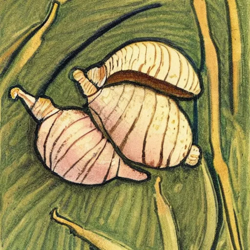 Prompt: snails in their shell by Maurice Denis, close-up, botanical illustration