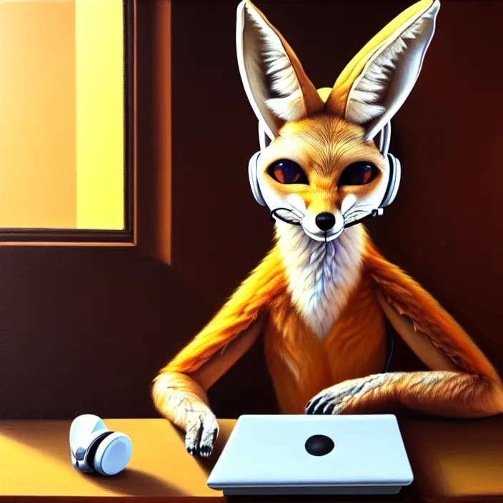 Image similar to a photorealistic painting of an anthropomorphic fennec fox wearing headphones, laptop, oil on canvas, furry, soft lighting