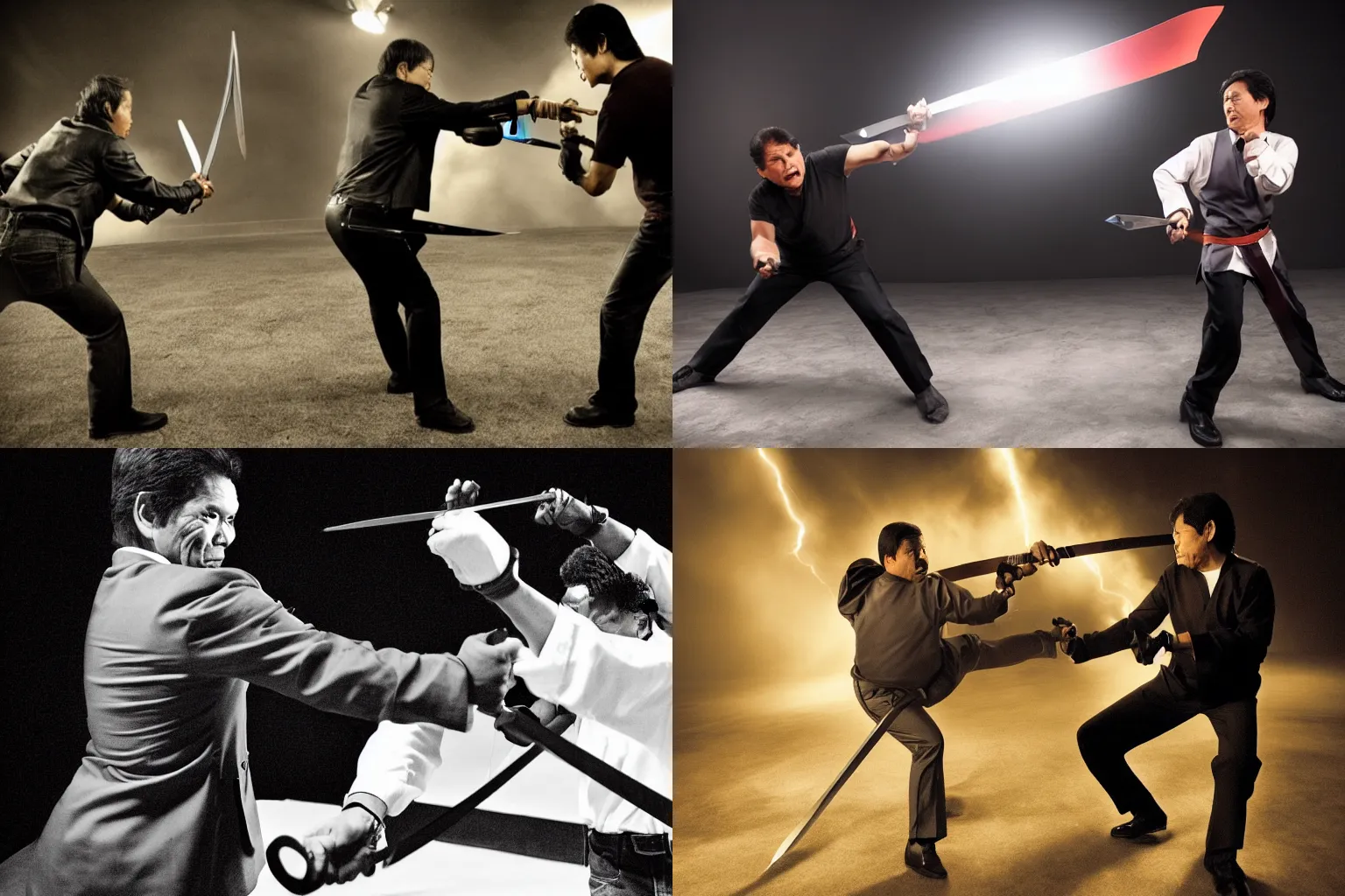 Prompt: Reggie Fils-Aimé versus Shigeru Miyamoto, swordfight duel, dramatic photography, dramatic lighting, dark background