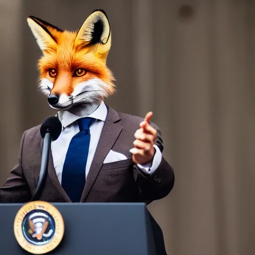 Image similar to a fox animal dressed in a suit giving a presidential speech, 8 5 mm f / 1. 4