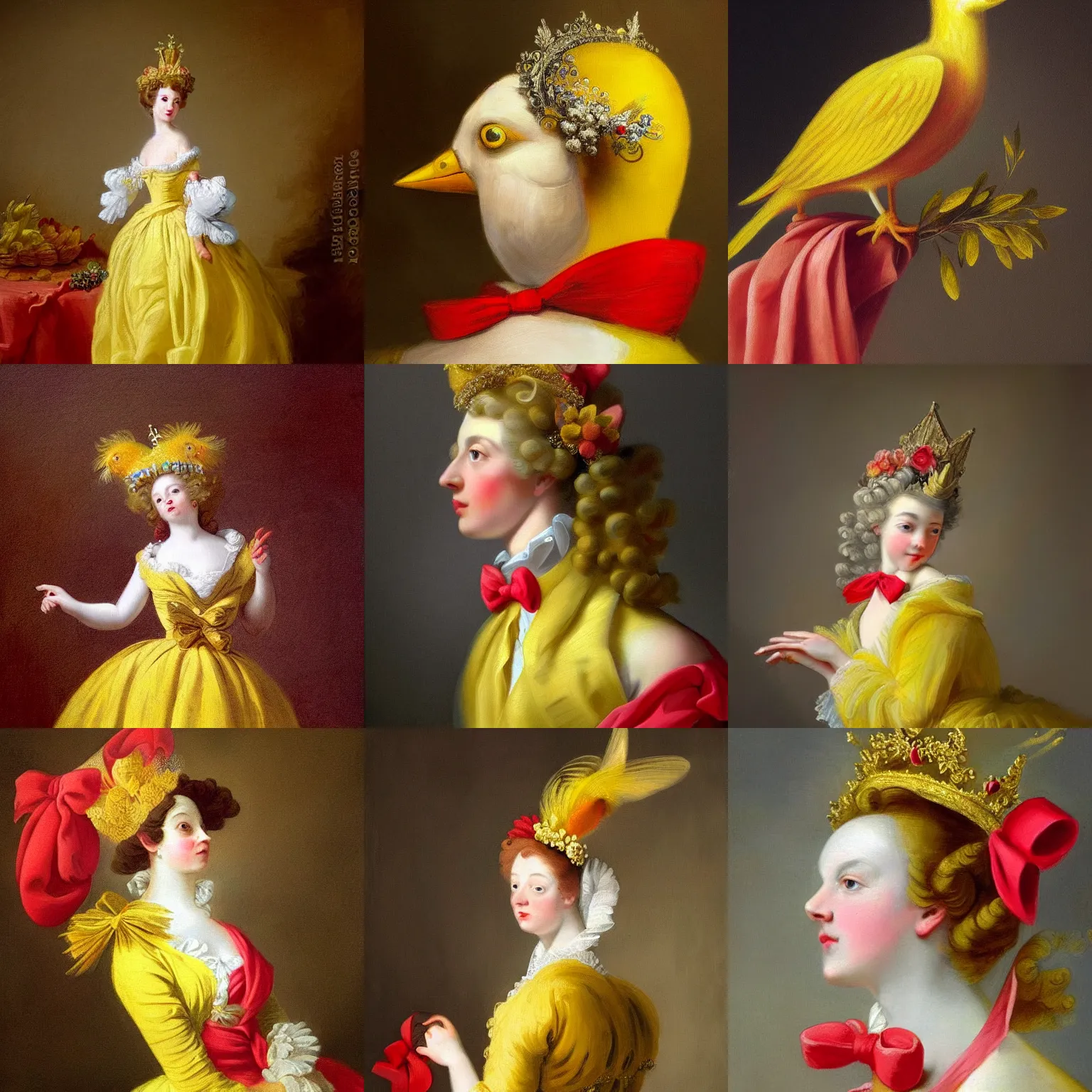Prompt: an elegant yellow bird!!! wearing a crown and a red bow tie, painting in the style of Fragonard, very very beautiful, high quality, detailed, 4k