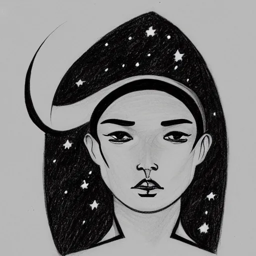 Prompt: a drawing of a woman with half her face, saturn the moon and some stars on top of her head, solid gray colors, black background, line drawing