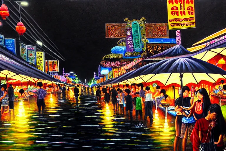 Image similar to detailed painting of Thai river night market, Bangkok, gothic style, deep strokes, high quality