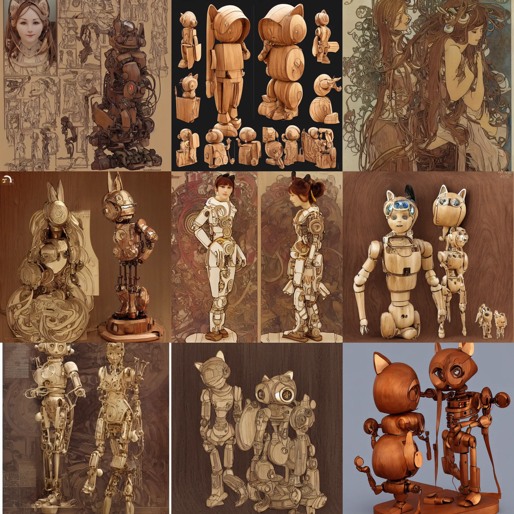 Prompt: 3D 8k octan render ,ultra photorealistic, storyboard a wooden sculpture carving art toys wooden on feet very cute robot wooden with cat ears ,art by Alphonse Mucha