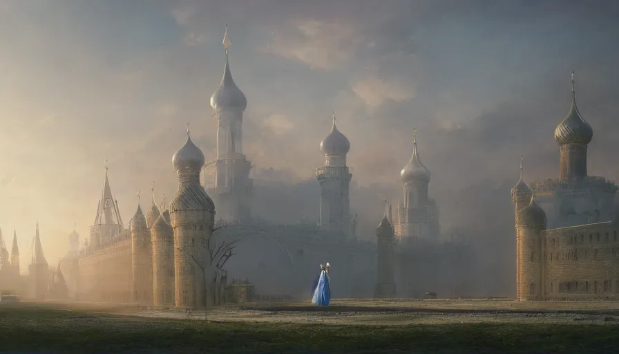 Image similar to vanishing point, palace like the kremlin covered aqua blue roses, viewed from afar, stephen bliss, misty, unreal engine, fantasy art by greg rutkowski, loish, ferdinand knab, and lois van rossdraws,, global illumination, radiant light, minimalist, detailed and intricate environment