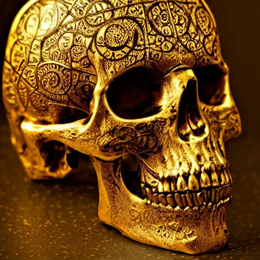 Image similar to chiaroscuro Baroque Still life photo of golden skull etched with detailed and intricate ancient runes, overtaken by plant ivy filigree, lit by a single god ray of shining light.