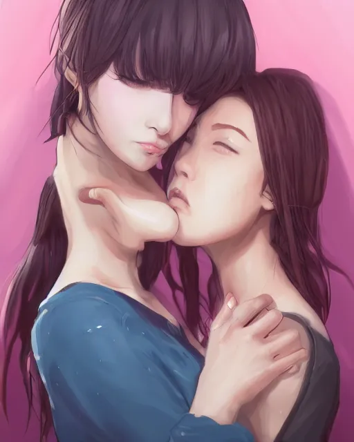 Image similar to portrait of a girl kissing another girl on the neck, anime, trending on Artstation