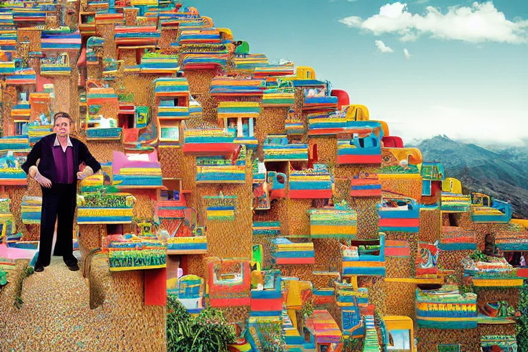 Image similar to Barry Chuckle as neo-Andean architecture by Freddy Mamani, realistic human-building hybrid