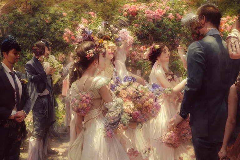 Image similar to the groom look at the bride at a wedding full of flowers, bright and happy, dreamlike art, highly detail, 4 k realistic, wedding photoy krenz cushart, artem demura, yoji shinkawa artgerm, jon lothian, danilo torres. adi meyers. thomas reimann. gaston bussiere.