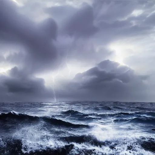 Prompt: A realistic detailled photo of a storm on the ocean, water particules, light reflections, big waves, stormy landscape, fog, light particules, detailled light, realistic shaders, trending on artisation, detailed textures, detailed, realistic