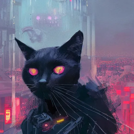 Image similar to a detailed matte painting of a black cat with red led eyes, the cat is in a intricately detailed neo cyberpunk Japanese city, the angel of death with a halo, colorful background not limited to children, by Ismail Inceoglu , concept art, featured on cgsociety