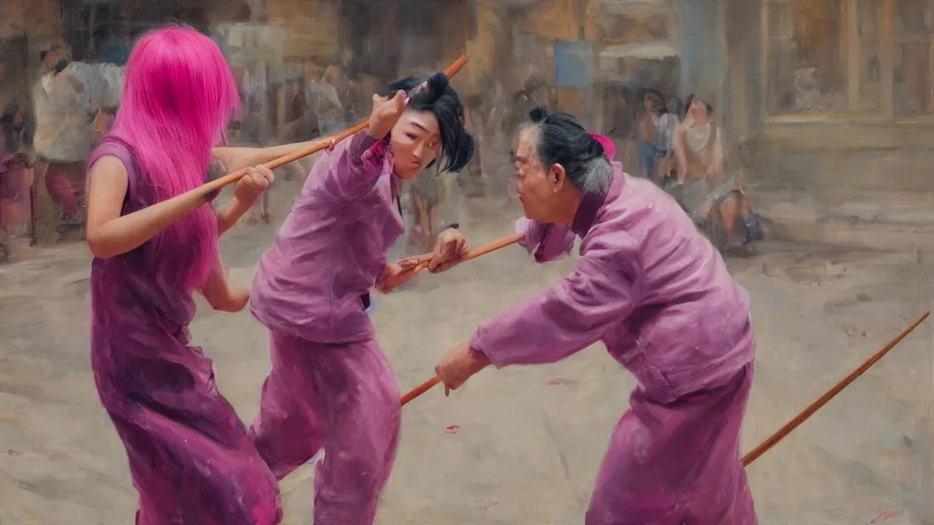 Image similar to asian person with chopsticks fighting a turkish person with pink hair, cinematic, 4 k, oil painting