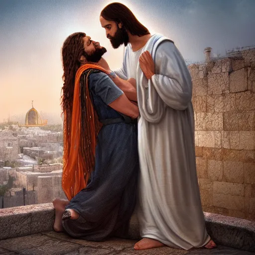 Image similar to jesus kissing a sensual woman in jerusalem, elegant, highly detailed, digital painting, artstation, concept art, matte, sharp focus, highly detailed, 4 k, hdr, smooth, sharp focus, high resolution, award - winning photo, photorealistic large shot