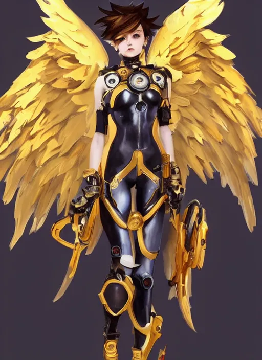 Image similar to full body oil painting of tracer overwatch, angel wings, dramatic painting, symmetrical composition, wearing gold detailed choker, golden cuffs, golden armor, detailed face and eyes,