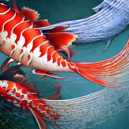 Prompt: A close up image of a large and intricately detailed Koi fish in an insanely beautiful Koi Pond, scales, intricate, Wildlife photography, highly detailed, artstation, concept art, smooth, sharp focus, illustration, art by greg rutkowski and orientalism and bouguereau and Zdzislaw Beksinski, good clear quality, lighting, biology, symmetrical artwork, 135 mm, cinematic, hyper realism, high detail, octane render, 8k, chrome accents