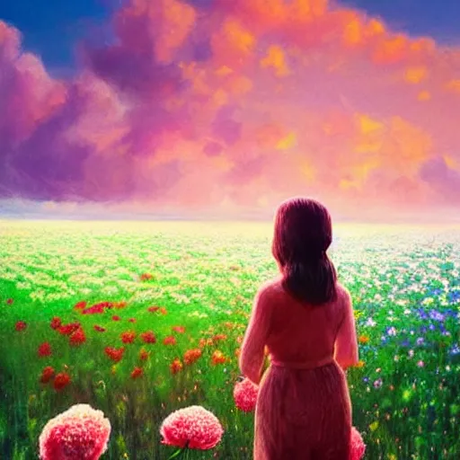 Image similar to head made of carnations flower, girl standing in the middle of a flower field, surreal photography, sunrise dramatic light, impressionist painting, colorful clouds, digital painting, artstation, simon stalenhag, flower face