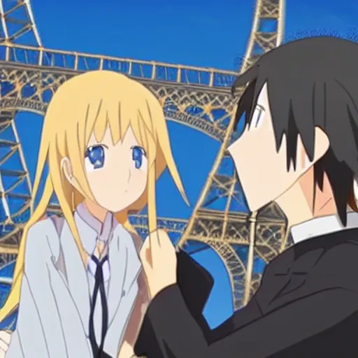 Image similar to Hikigaya Hachiman holding hands with Zero Two in front of the Eiffel Tower