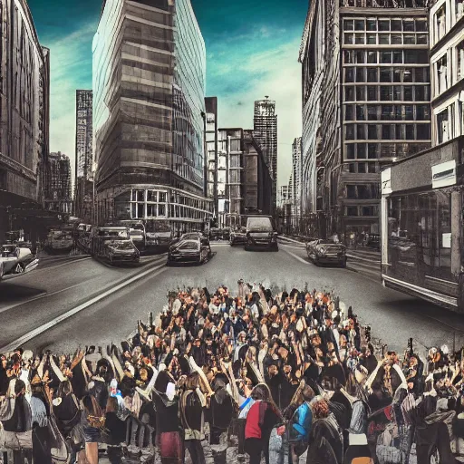 Image similar to people sitting in rows of desks in the middle of a city street, first person view from back row, dream - like atmosphere, high quality digital art