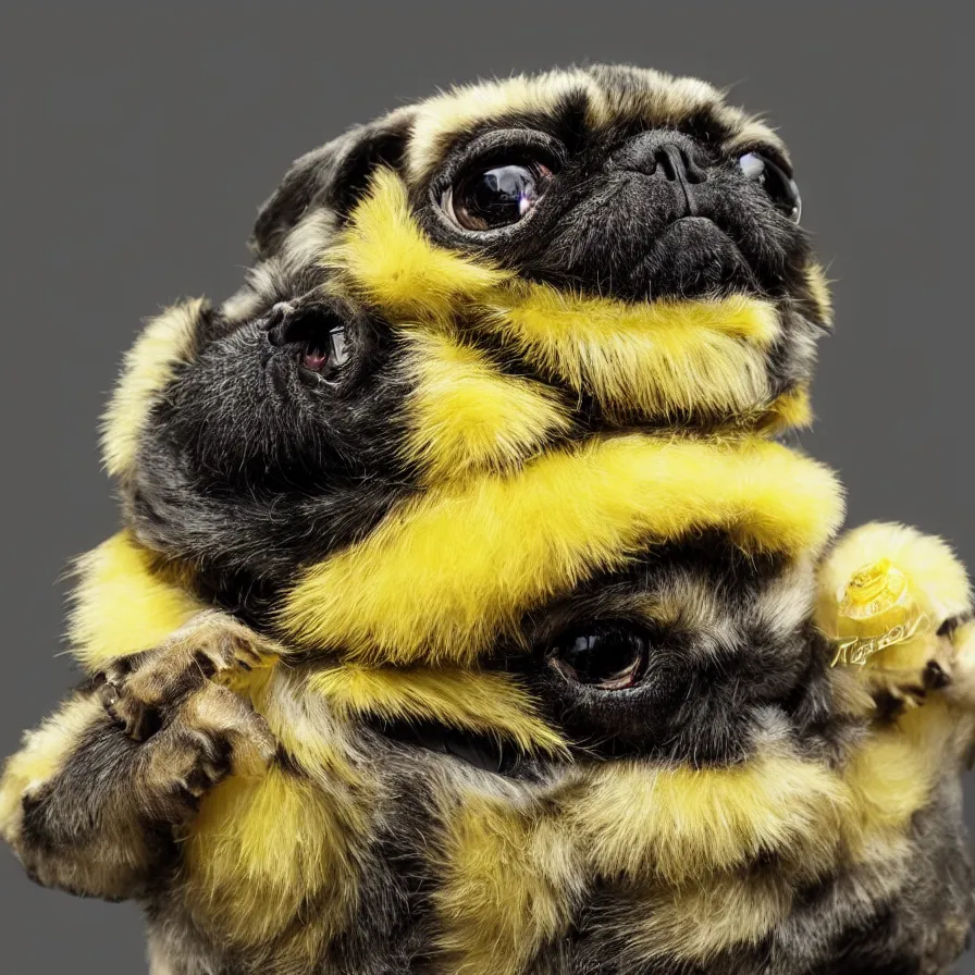 Image similar to bumblebee pug, soft and fluffy, macro photography, high resolution photo, cinematic lighting, beehive interior backgrounds, there is only one bumblepug, solo subject, trending on artstation,